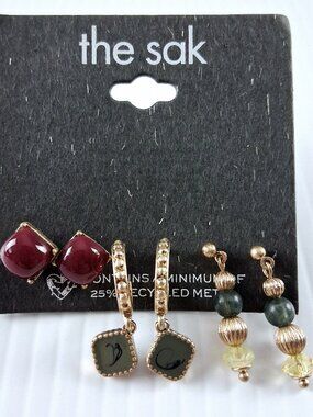 The Sak Gold Tone Beaded Earrings Set of 3 Studs Hoops Dangle Fashion Jewelry